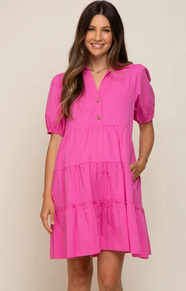 Pink Collared Tiered Maternity Dress