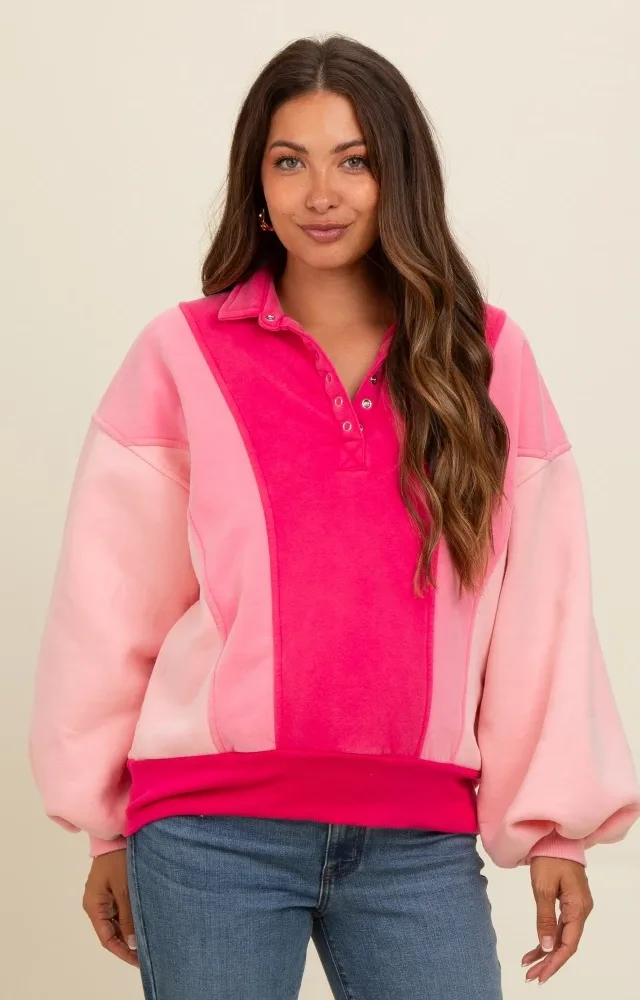 Pink Colorblock Snap Button Maternity Polo Sweatshirt