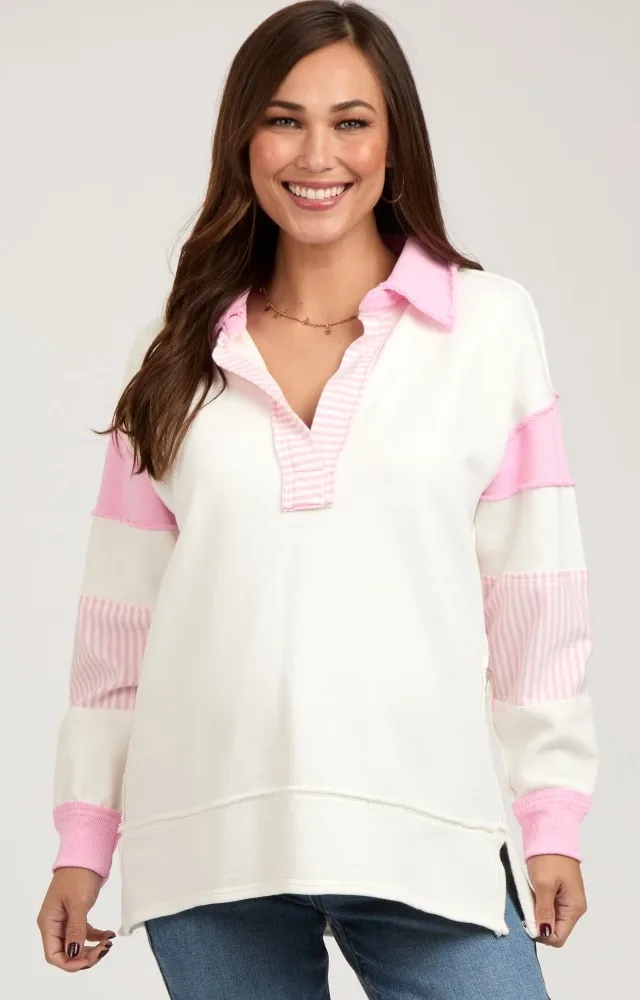 Pink Colorblock Stripe Collared Maternity Sweater