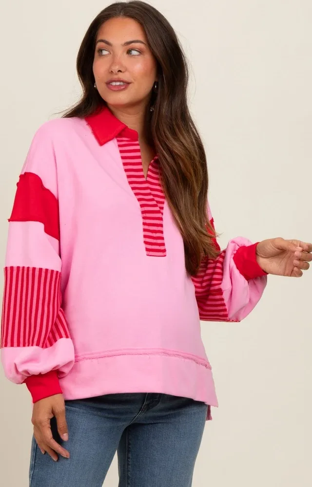 Pink Colorblock Striped Maternity Long Sleeve Top