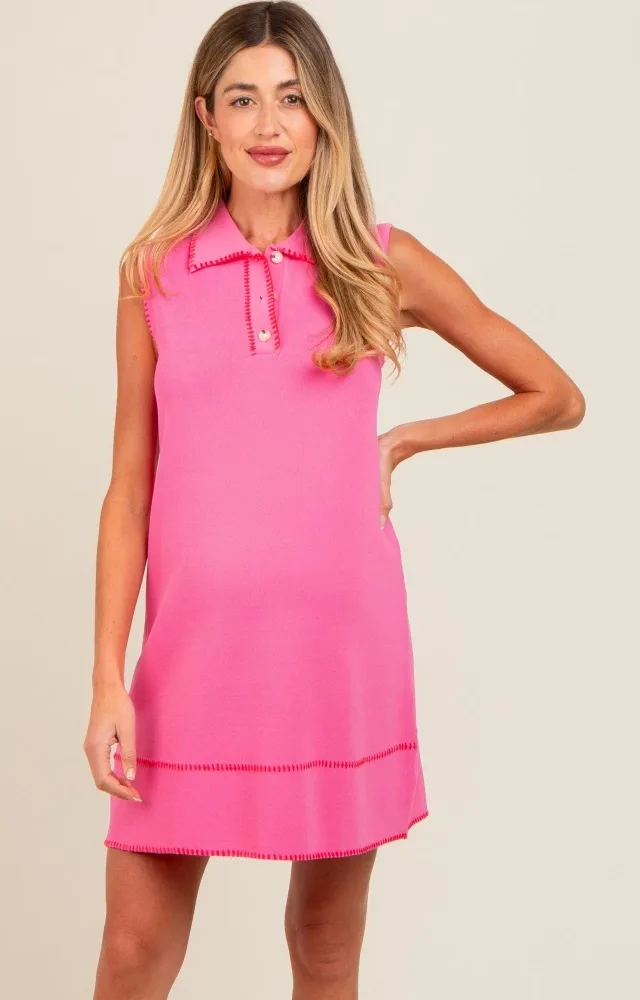 Pink Contrast Stitch Maternity Polo Dress