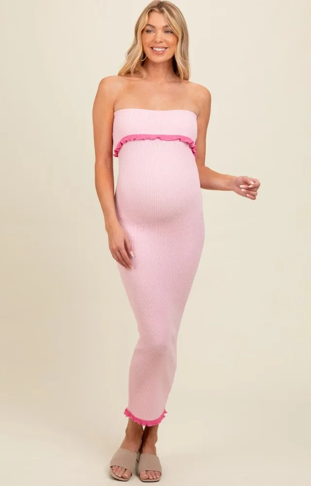 Pink Contrast Trim Maternity Strapless Knit Dress