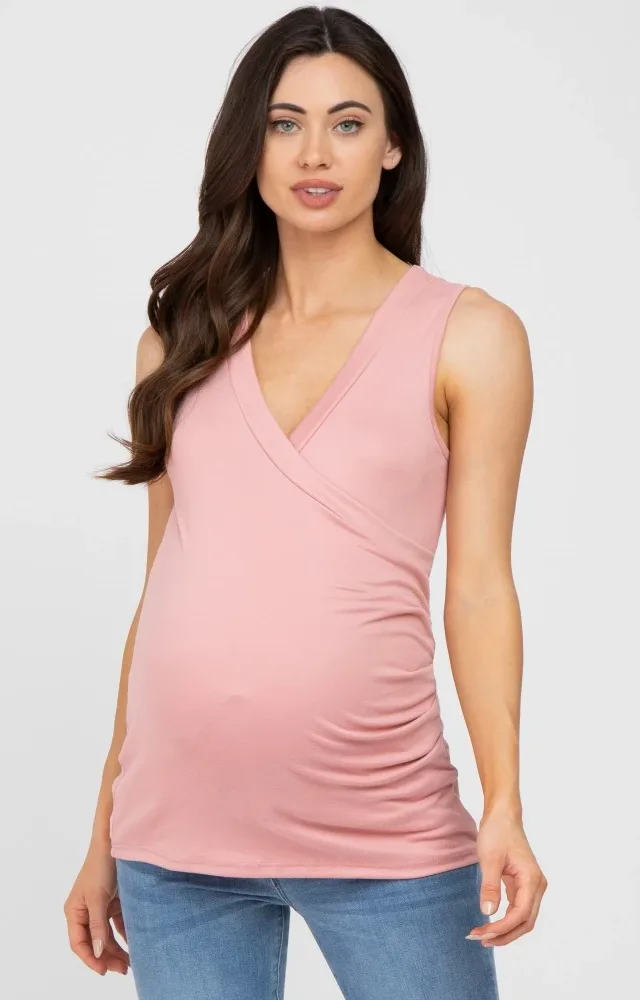 Pink Crossover Ruched Maternity Nursing Tank