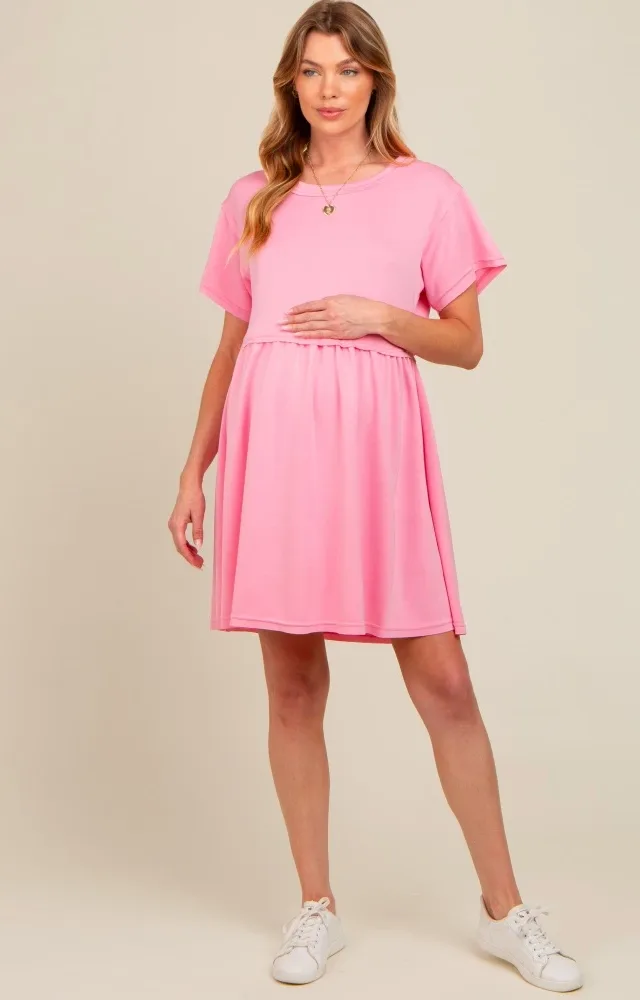 Pink Cut Edge Short Sleeve Maternity Dress