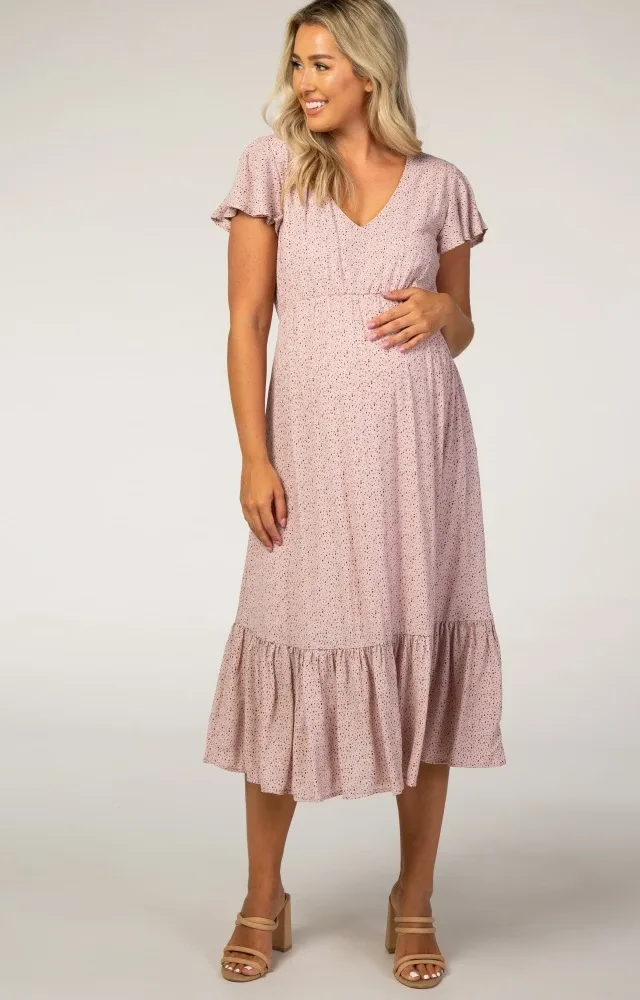 Pink Dot Print Ruffle Maternity Midi Dress