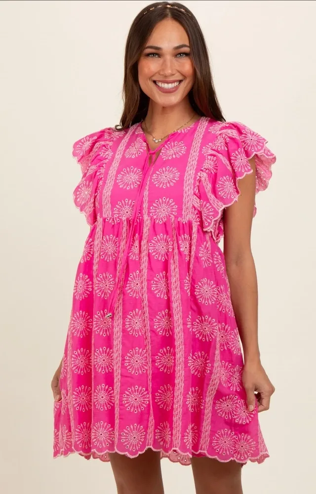 Pink Embroidered Flutter Sleeve Maternity Dress