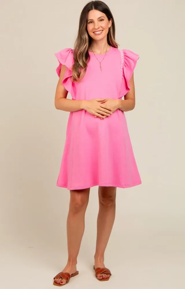 Pink Embroidered Ruffle Sleeve Maternity Dress