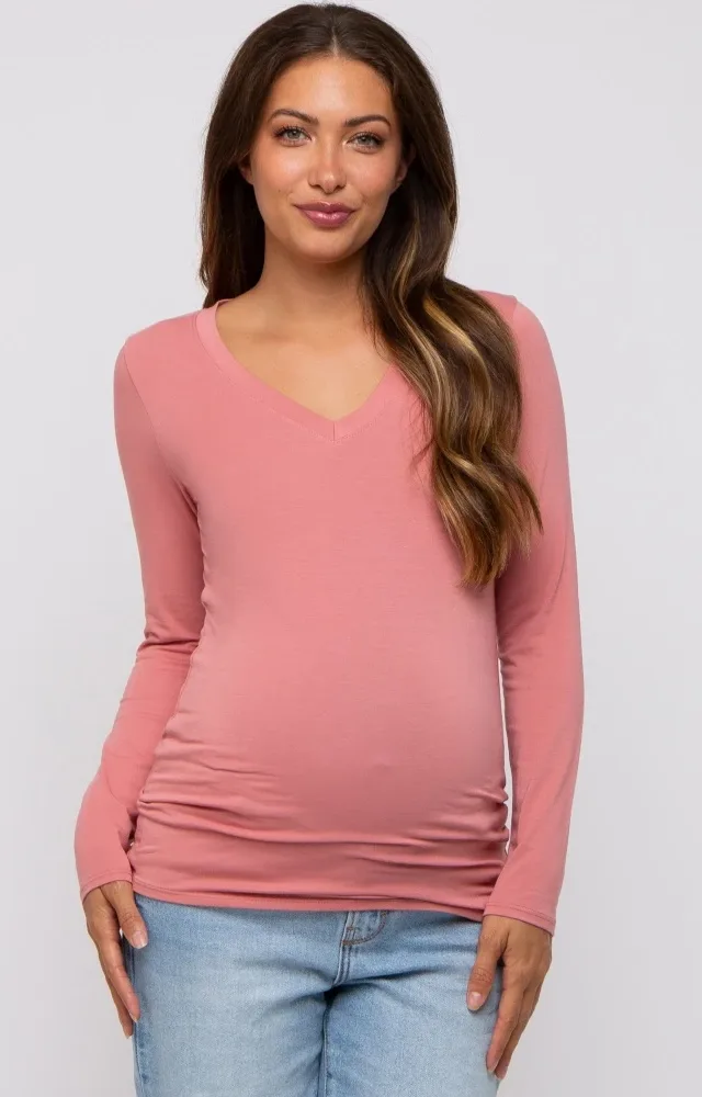 Pink Fitted Long Sleeve Maternity Top