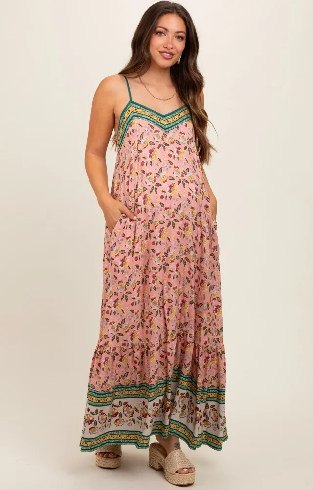 Pink Floral Border Print Lace Up Back Maternity Maxi Dress