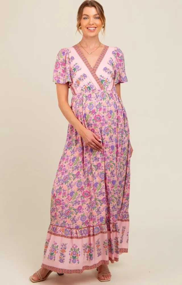 Pink Floral Border Printed Woven Short Sleeve V-Neck Maternity Maxi Dress