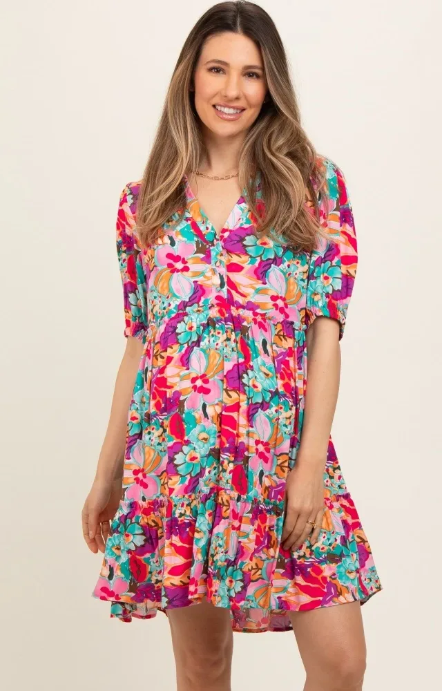 Pink Floral Button Short Sleeve Maternity Dress