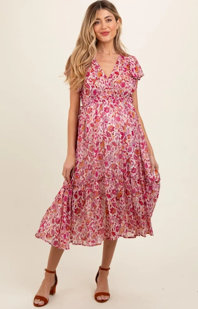 Pink Floral Chiffon Flutter Sleeve Ruffle Hem Maternity Midi Dress