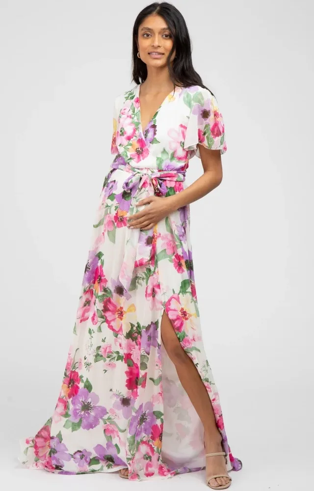 Pink Floral Chiffon Side Slit Maternity Maxi Dress