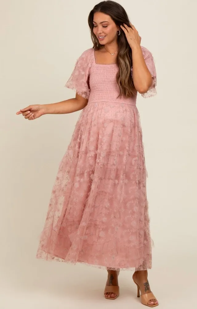 Pink Floral Embroidered Ruffle Tulle Maternity Midi Dress