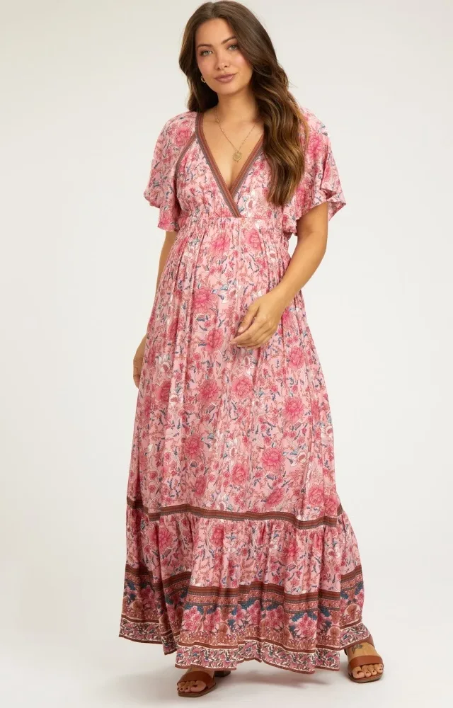 Pink Floral Flounce Sleeve Maternity Maxi Dress