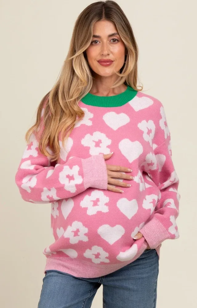 Pink Floral Heart Print Maternity Sweater