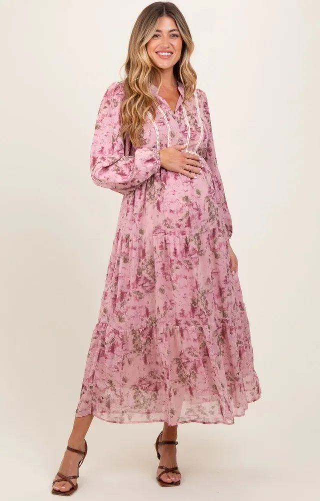 Pink Floral Lace Trim Maternity Maxi Dress