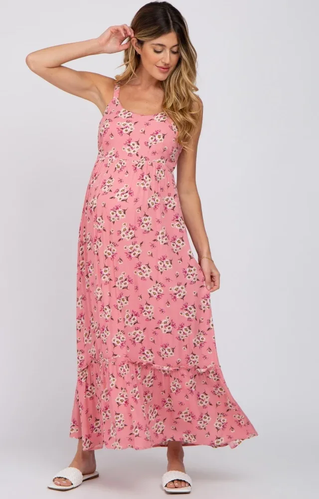 Pink Floral Maternity Maxi Dress