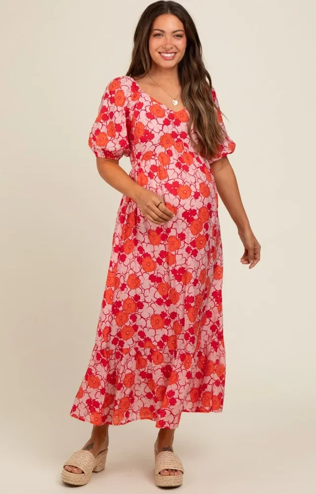 Pink Floral Maternity Midi Dress