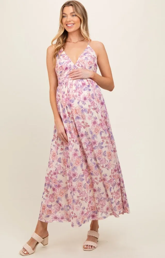 Pink Floral Mesh Sleeveless Maternity Maxi Dress