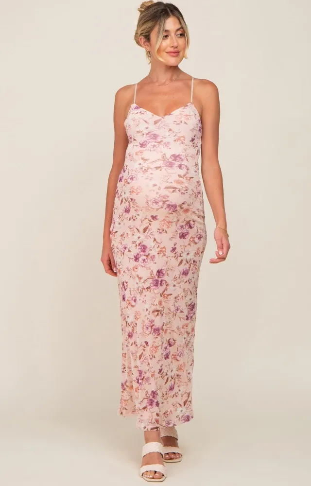 Pink Floral Mesh V-Neck Maternity Maxi Dress