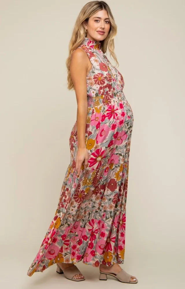 Pink Floral Mock Neck Maternity Maxi Dress