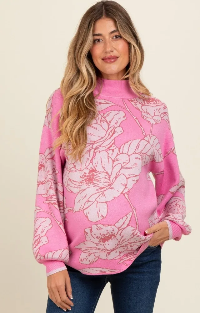 Pink Floral Mock Neck Maternity Sweater