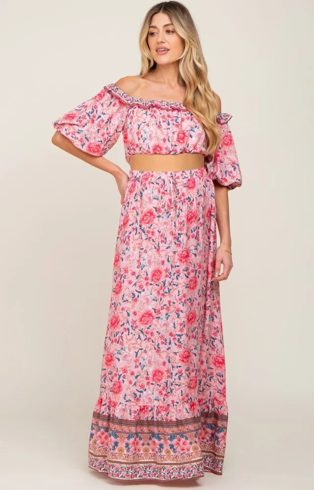 Pink Floral Off Shoulder Maternity Maxi Skirt Set