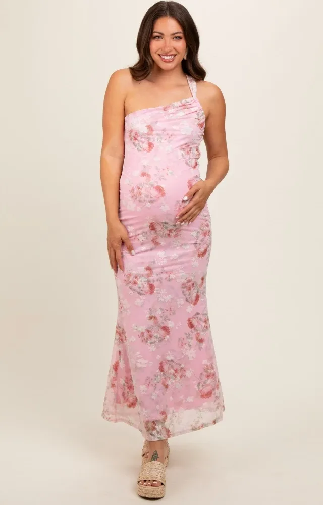 Pink Floral One Shoulder Cutout Maternity Midi Dress