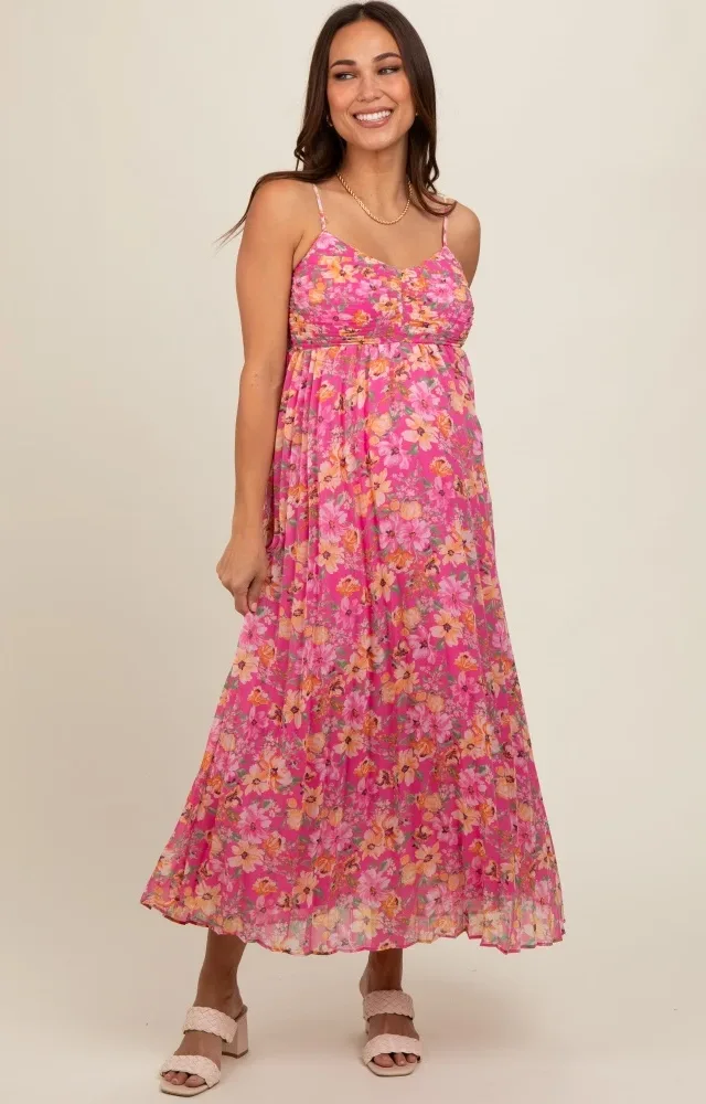 Pink Floral Pleated Maternity Maxi Dress