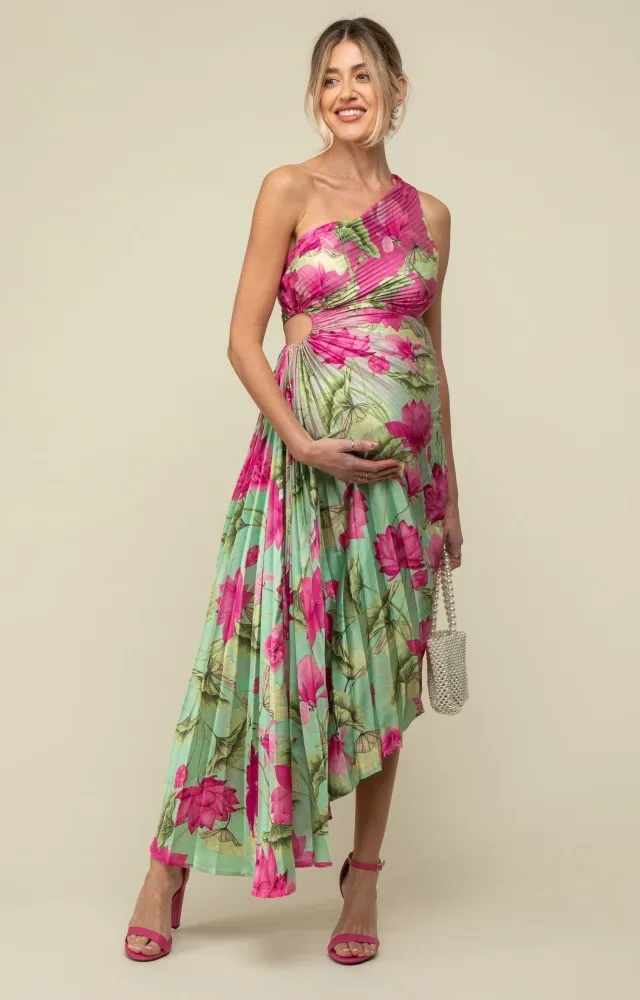 Pink Floral Pleated One Shoulder Cutout Maternity Dress