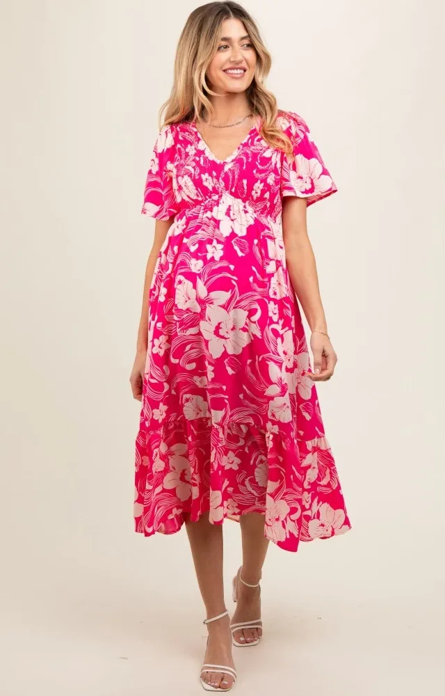 Pink Floral Print Smocked Maternity Midi Dress