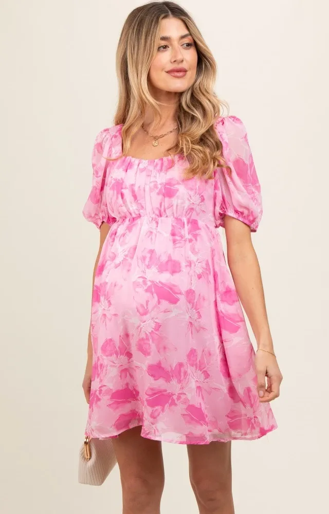 Pink Floral Puff Sleeve Maternity Mini Dress