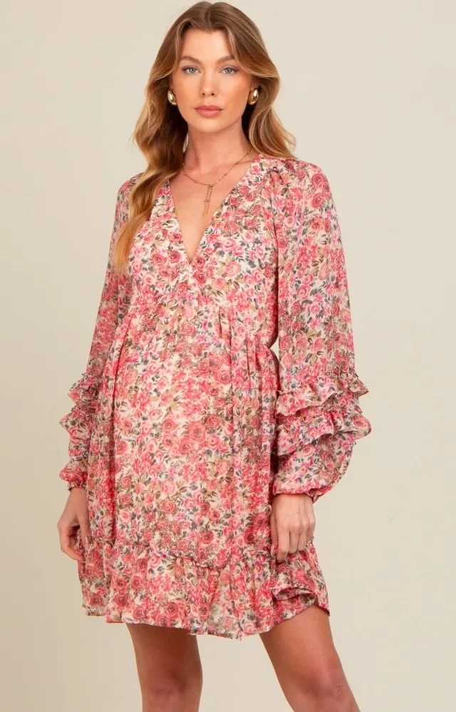 Pink Floral Ruffle Accent Maternity Dress