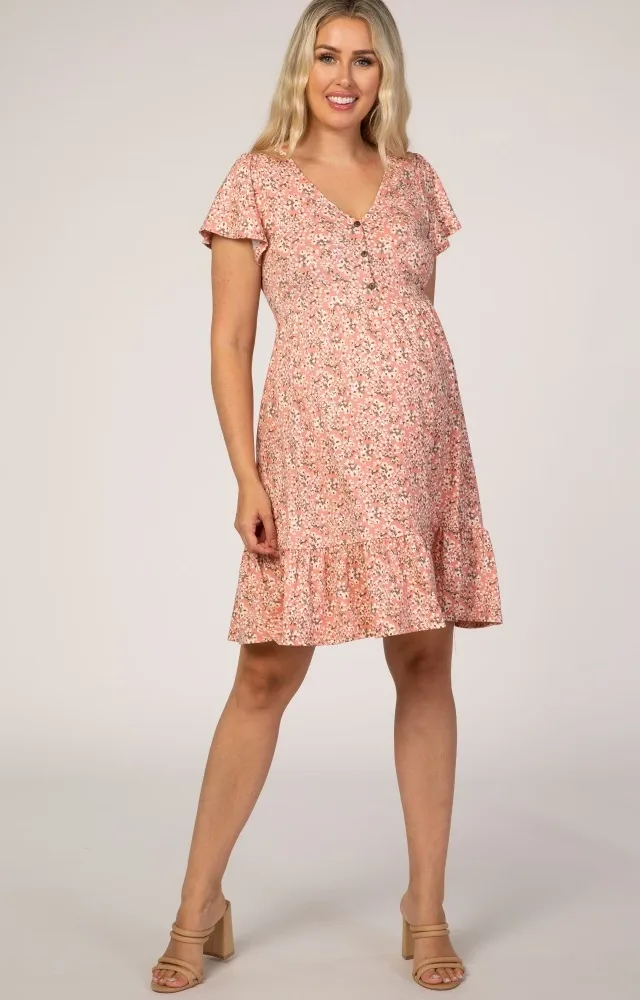 Pink Floral Ruffle Accent Maternity Dress