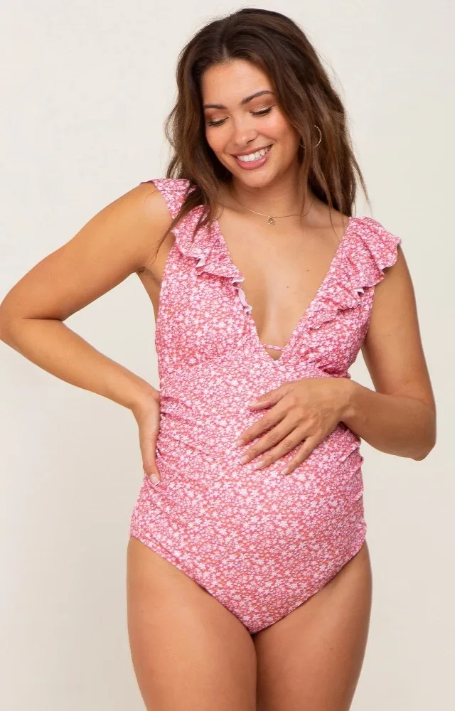 Pink Floral Ruffle Maternity One-Piece Swimsuit