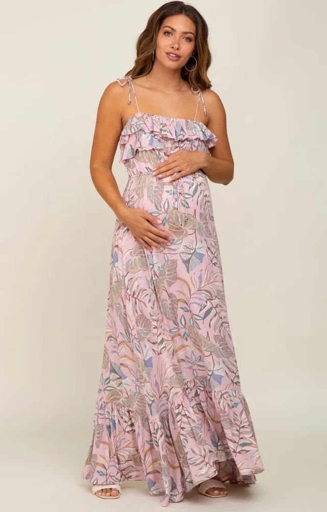 Pink Floral Ruffle Top Back Cutout Maternity Maxi Dress