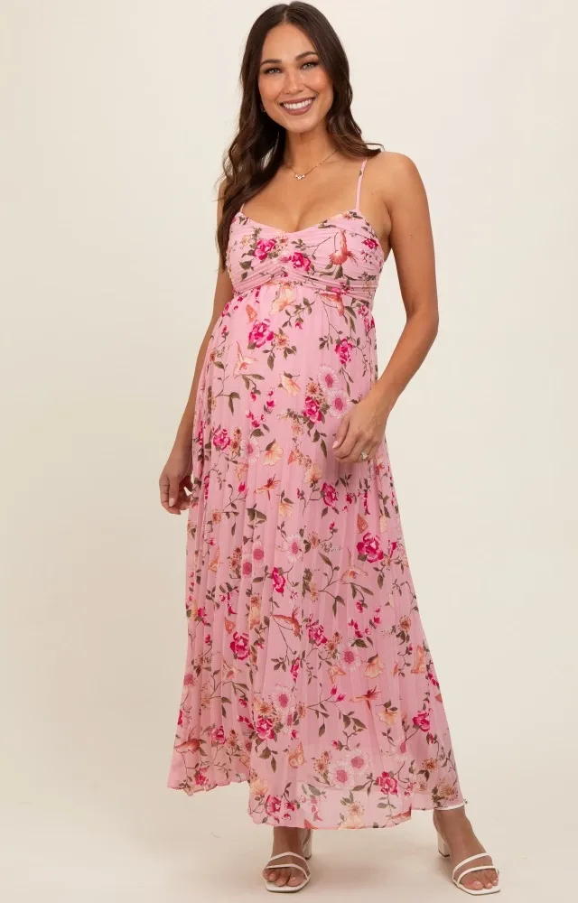 Pink Floral Sleeveless Pleated Maternity Midi Dress