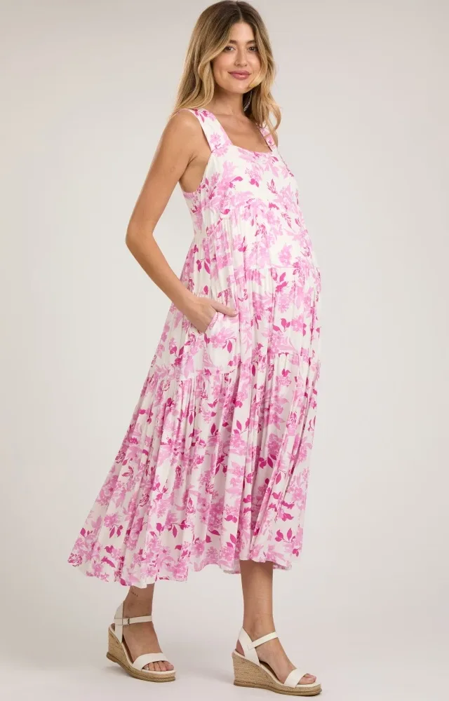 Pink Floral Sleeveless Tiered Maternity Maxi Dress