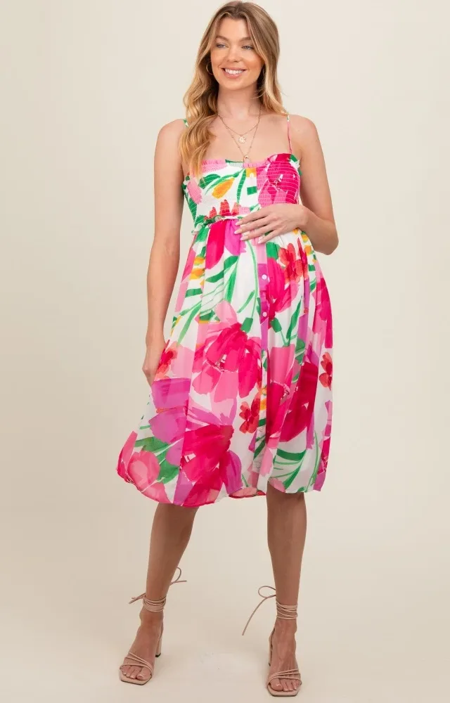 Pink Floral Smocked Chiffon Maternity Midi Dress