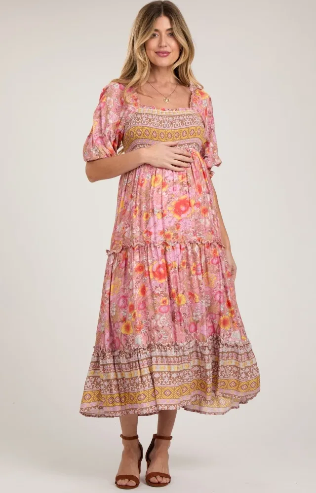 Pink Floral Smocked Half-Length Sleeves Maternity Midi Dress