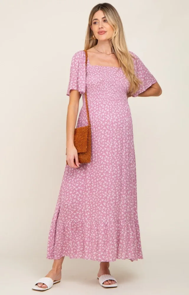 Pink Floral Smocked Maternity Midi Dress