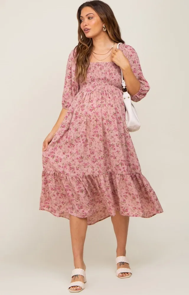 Pink Floral Smocked Maternity Midi Dress