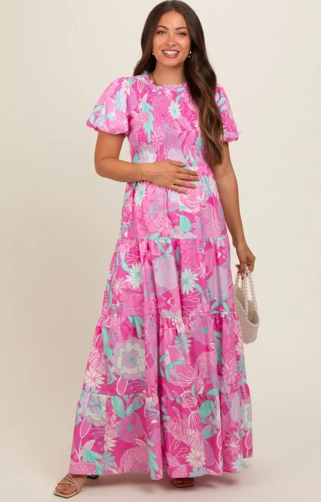 Pink Floral Smocked Short Puff Sleeve Tiered Maternity Maxi Dress