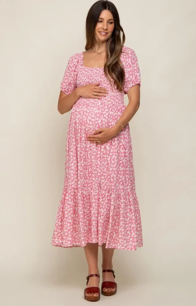 Pink Floral Smocked Short Sleeve Maternity Midi Dress