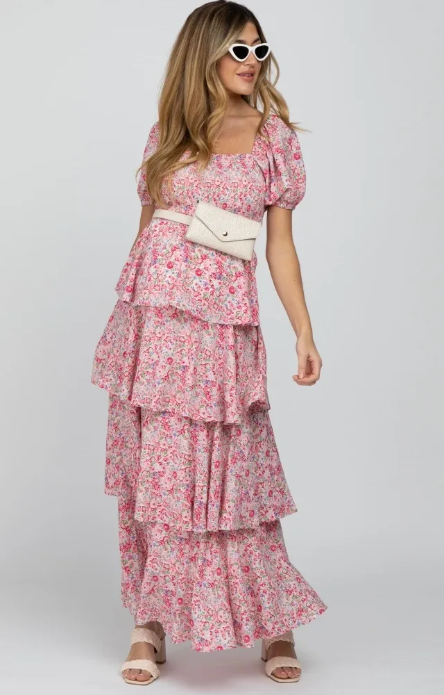 Pink Floral Square Neck Ruffle Layered Maternity Maxi Dress