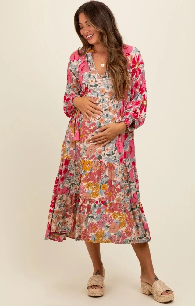 Pink Floral Tassel Tie Tiered Maternity Midi Dress