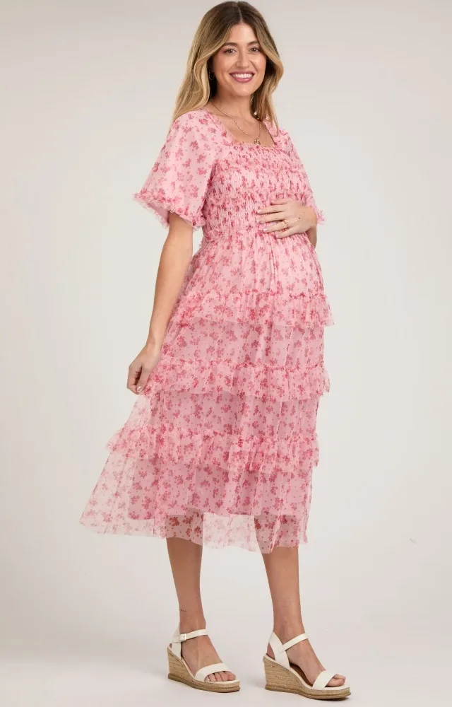 Pink Floral Tulle Smocked Ruffle Tiered Maternity Midi Dress