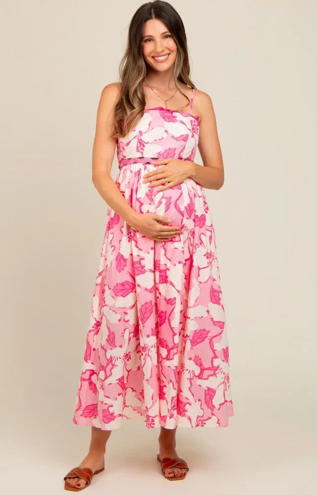 Pink Floral Wave Trim Back Tie Maternity Midi Dress