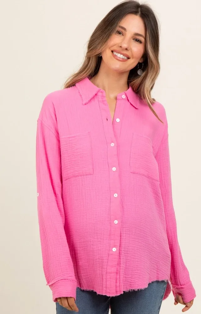 Pink Front Pocket Fringe Hem Button Up Maternity Shirt